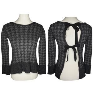 Neesh by D.A.R. Gray Houndstooth Sweater Open Tie Back Ribbon Bows Small Boho